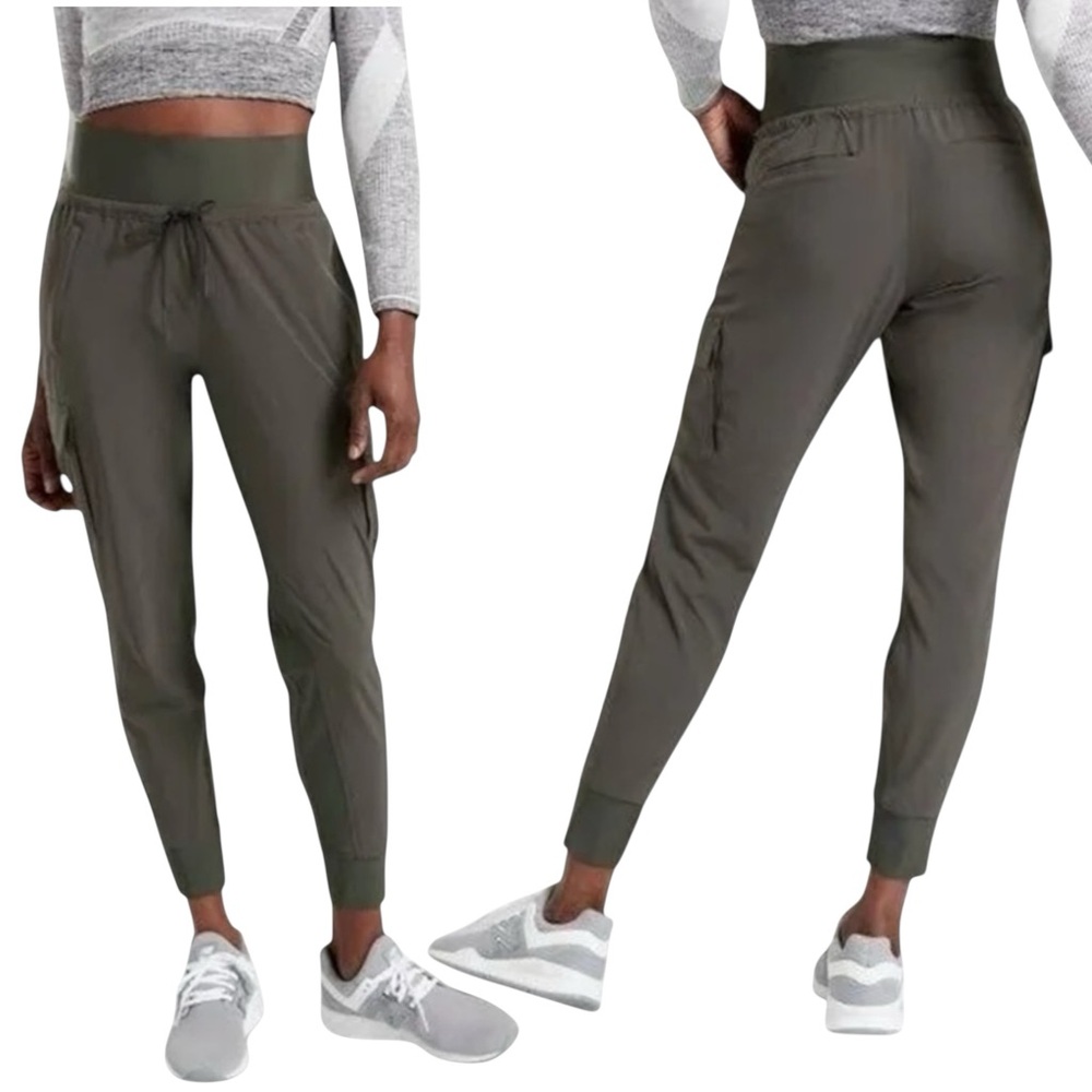 Athleta Sutton Jogger Pants Olive Green Zip & Cargo Pockets Sz 8 Like New